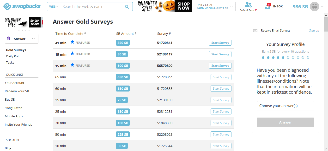 Swagbucks Gold Surveys